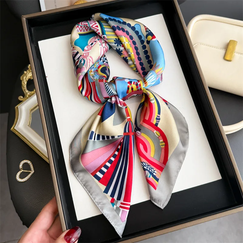 Luxury Ladies Scarf Fashion Colorblock Print Soft Satin Square Scarf Women's Twill Shawl Wrap Hijab Headscarf 70*70cm