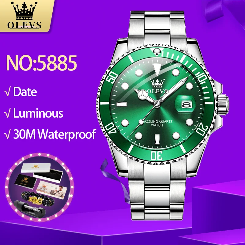 OLEVS 5885 Men's Watches Business Stainless Steel Strap Green Quartz Watch Waterproof Calendar Luminous High Quality Wristwatch