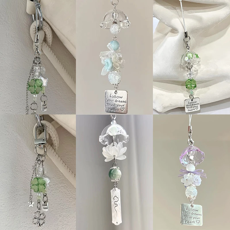 Fashion Wind Chime Keychain 3D Fruit Flower Pendant Kawaii Y2K Star Key Chain Creative Phone Charm Keyring Girl Gift